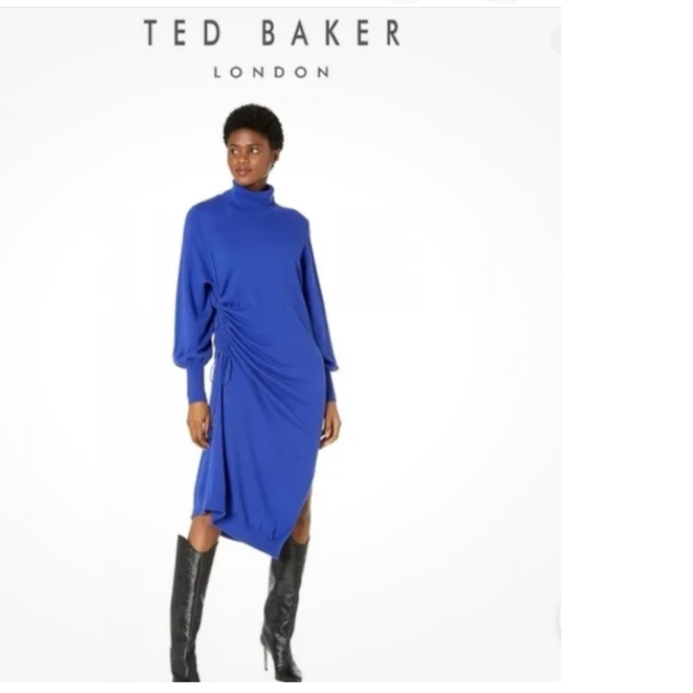 NWT Ted Baker Aavvaa Knitted Wool Blend Dress With Ruched Side Detail